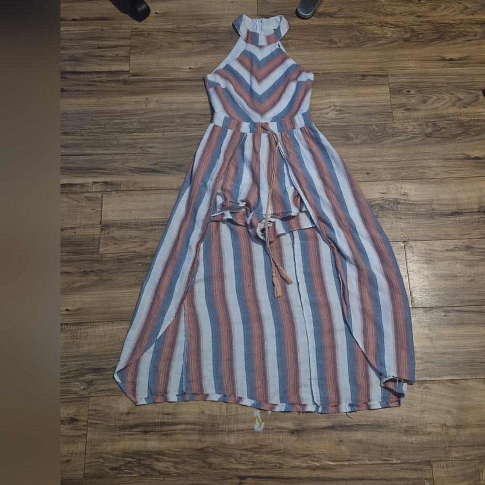 Pink and Blue Sleeveless Tie Front Sundress Romper Drees